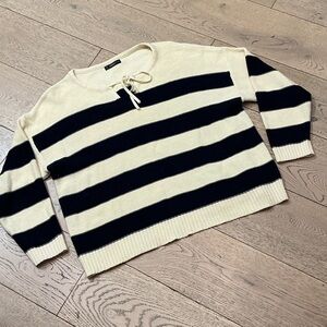 Woman’s SHEIN navy/cream wide strip pull over cotton sweater. 1XL.Tie neck. Cute